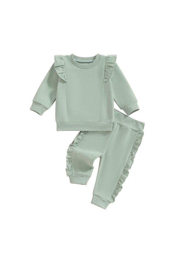 Toddler Girls Plain Fall Outfits 3 6 12 18 24M 3Y Ruffles Long Sleeve Sweatshirt and Elastic Sweatpants Solid Color Clothes Set