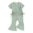 thumbnail image 1 of Musuos Toddler Girls Ribbed Summer Outfits, 9M 12M 18M 24M 3Y 4Y Short Sleeve Round Neck Side Drawstring Tops + Elastic Waist Flare Pants Set, 1 of 10