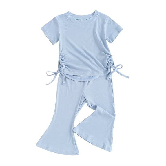 Musuos Toddler Girls Ribbed Summer Outfits, 9M 12M 18M 24M 3Y 4Y Short Sleeve Round Neck Side Drawstring Tops + Elastic Waist Flare Pants Set