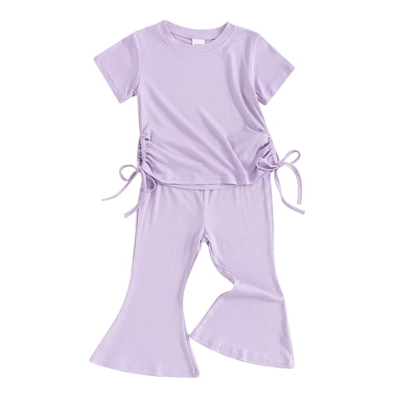 Musuos Toddler Girls Ribbed Summer Outfits, 9M 12M 18M 24M 3Y 4Y Short Sleeve Round Neck Side Drawstring Tops + Elastic Waist Flare Pants Set