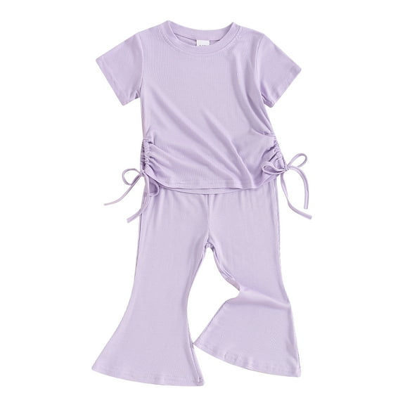 Musuos Toddler Girls Ribbed Summer Outfits, 9M 12M 18M 24M 3Y 4Y Short Sleeve Round Neck Side Drawstring Tops + Elastic Waist Flare Pants Set