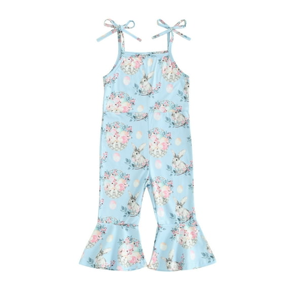 Musuos Toddler Girls Romper Jumpsuit 1-5T Sleeveless Spaghetti Strap Easter Egg Rabbit Print Bell Bottom Overalls