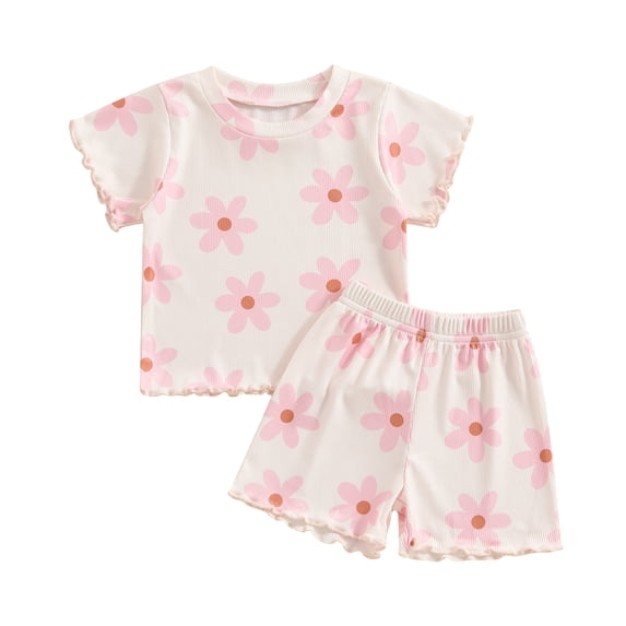 Musuos Toddler Girls Shorts Set, 6 12 18 24M 3 4Y Flower Print Short Sleeve Crew Neck T-shirt with Shorts Summer Cute Outfit