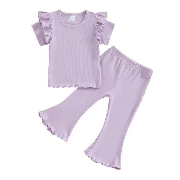 Musuos Toddler Girls Spring Outfits 1-5T Fly Sleeve Solid Color Rib T-Shirts Tops Elastic Waist Flare Pants 2Pcs Clothes Set