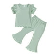thumbnail image 1 of Musuos Toddler Girls Spring Outfits 1-5T Fly Sleeve Solid Color Rib T-Shirts Tops Elastic Waist Flare Pants 2Pcs Clothes Set, 1 of 10