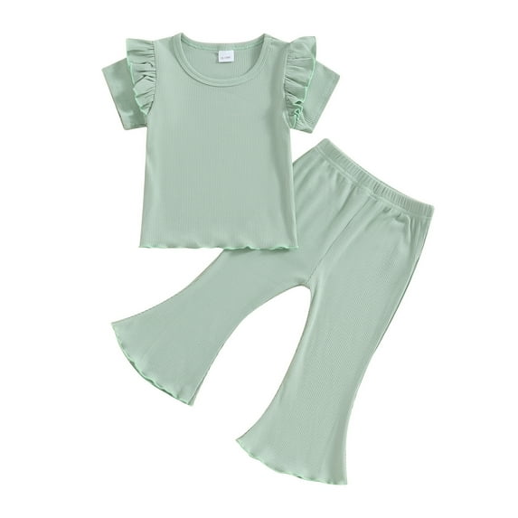 Musuos Toddler Girls Spring Outfits 1-5T Fly Sleeve Solid Color Rib T-Shirts Tops Elastic Waist Flare Pants 2Pcs Clothes Set