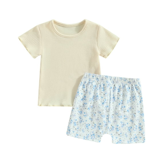 Musuos Toddler Girls Summer 2-Piece Outfit 6 12 18 24M 3 4T Solid Color Short Sleeve Crew Neck T-Shirt and Elastic Floral Shorts Set