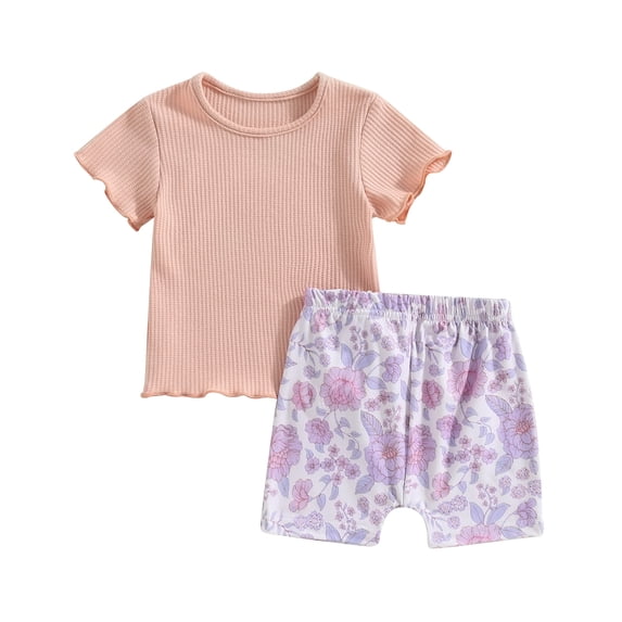 Musuos Toddler Girls Summer 2-Piece Outfit 6 12 18 24M 3 4T Solid Color Short Sleeve Crew Neck T-Shirt and Elastic Floral Shorts Set