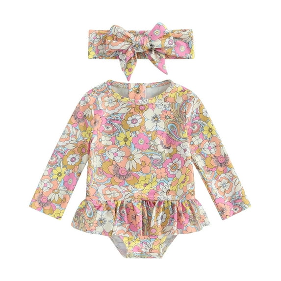 Musuos Toddler Girls Summer Beach Swimwear 6 12 18 24M 3T Long Sleeve Crewneck Floral Print Bathing Suit with Headband