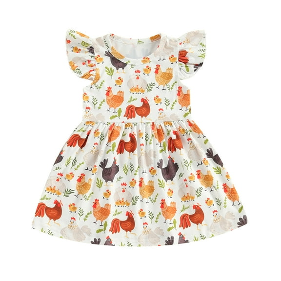 Musuos Toddler Girls Summer Dress 1-4T Farm Rooster Hen Print Fly Sleeve Crew Neck Baby Dress