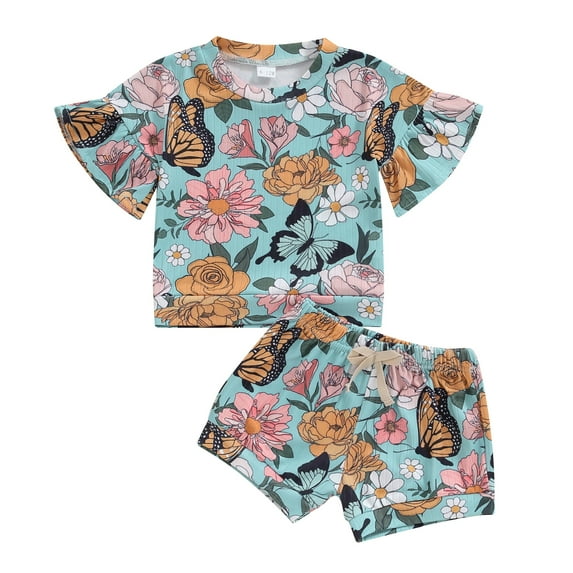 Musuos Toddler Girls Summer Outfit 6M- 4T Floral Print Short Sleeve T-Shirt and Elastic Shorts Set Cute Summer 2 Piece Clothes