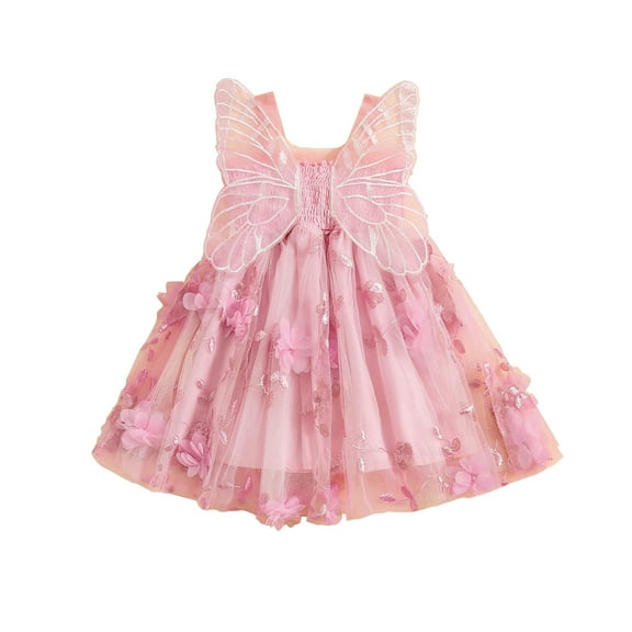 Musuos Toddler Girls Summer Princess Dress 6M 12M 24M 3Y 4Y Sleeveless 3D Flowers Cute Tulle A-Line Dress with Butterfly Wing