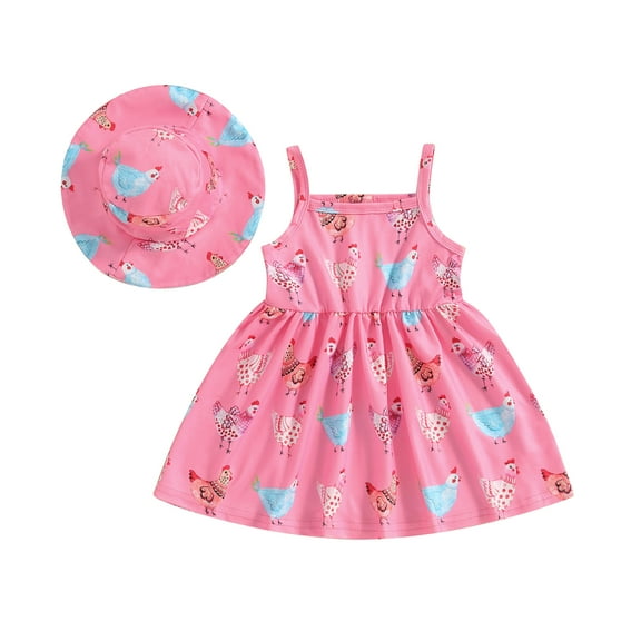 Musuos Toddler Girls Summer Sweet Dress 6M 12M 18M 24M 3Y 4Y Pink Sleeveless Chicken Print Slip Dress with Sun Hat