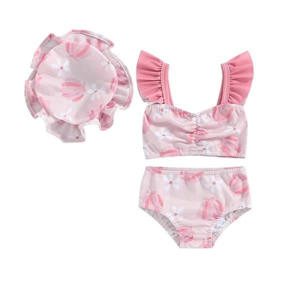 Musuos Toddler Girls Swimsuit 6 12 18 24M 3T Floral Print Fly Sleeve Tankini Tops Swim Shorts Swim Cap 3 Pieces Bathing Suit