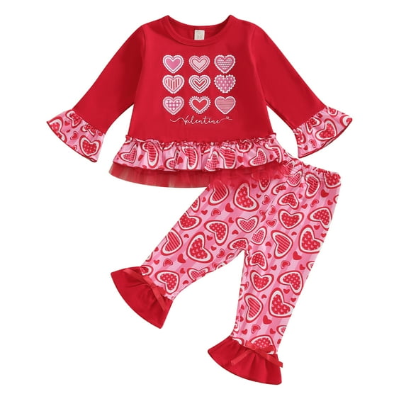 Musuos Toddler Girls Valentine's Day Outfits 1-6T Letter Heart Print Long Sleeve Tops and Elastic Flare Pants Set 2 Piece Clothes