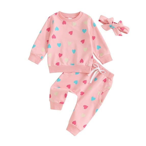 Musuos Toddler Girls Valentine's Day Sets 6 12 18 24M 3T Long Sleeve Crewneck Sweatshirt Heart Print Pants Headband Sets
