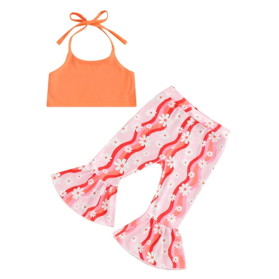 Musuos Toddler Kid Girls Pants Set, 12 18 24M 3 4T Lacing Halterneck Vest with Flower Print Flare Pants Summer Outfit