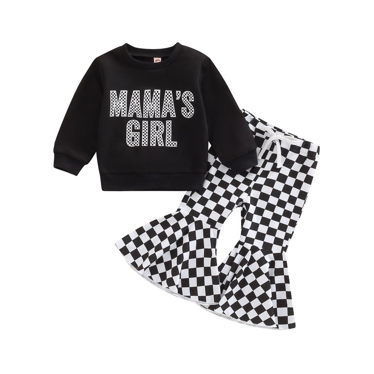 Musuos Toddler Kids Girls 2 Pieces Outfits, Letter Print Round Neck Long  Sleeve Tops + Checkerboard Plaid Flare Pants Set 