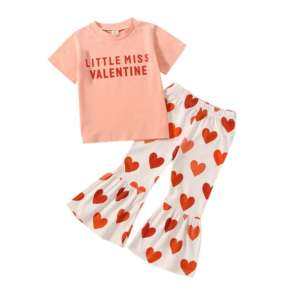 Musuos Valentine's Day Toddler Girls Clothes Set 1-5T Letter Print Short Sleeve T-Shirts and Heart Print Flare Pants 2Pcs Suit