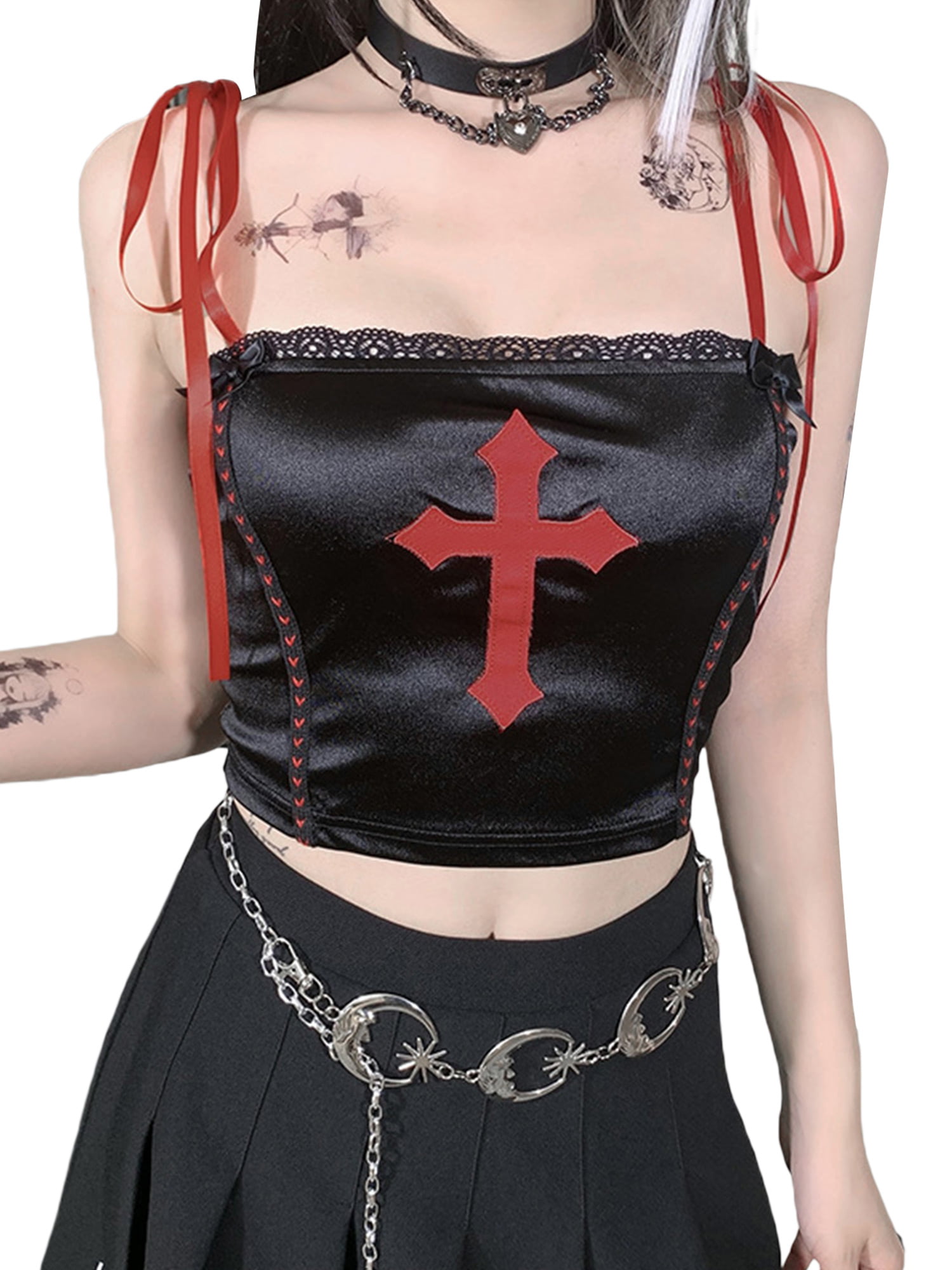 Musuos Vintage Gothic Crop Top for Women Grunge Dark Aesthetic Harajuku  Tank Tops Mall Goth Emo Camisole Shirt 