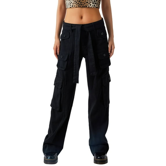 Musuos Women Autumn Cargo Pants, Solid Color Low-Waist Loose Fit Casual Trousers with Multi-Pockets