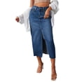thumbnail image 1 of Musuos Women Blue Denim Skirt, Elegant High Waist Front Slit Long Skirt for Casual Daily, 1 of 8