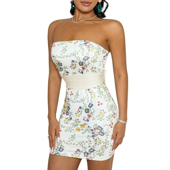 Musuos Women Bodycon Dress, Strapless Backless Flower Print Slim Fit Mini Dress for Club Party