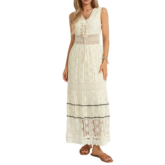 Musuos Women Bohemian Sleeveless Dress Summer Lace Patchwork Party Long Dress for Cocktail Beach Club Streetwear