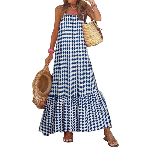 Musuos Women Boho Sleeveless Dress Print Summer Loose Spaghetti Strap Flowy Beach Long Dress