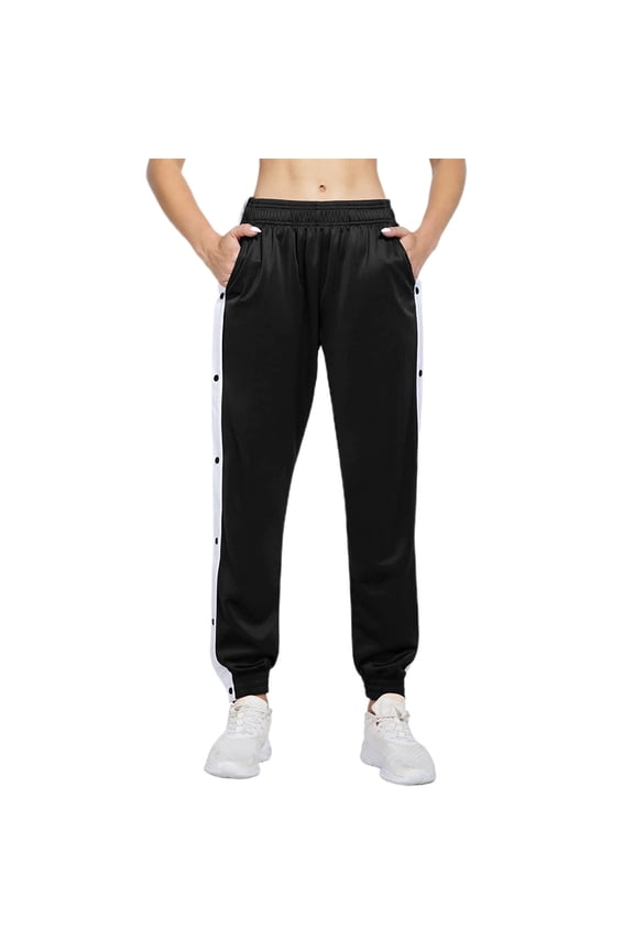 Women Casual Long Pants, Color Blocking Buttoned Side Split High Waist Pants for Running Fitness