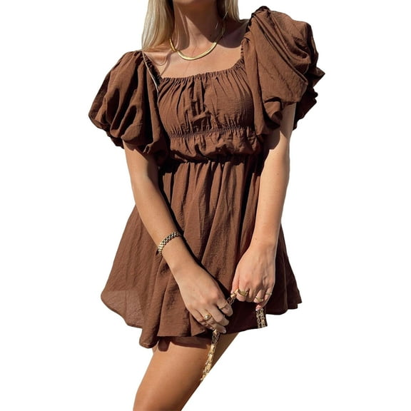 Musuos Women Casual Off-shoulder Short Dress Summer Elegant Solid Color Short Puff Sleeve Tunic Dress for Daily