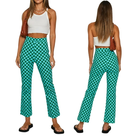 Musuos Women Casual Pants High Waist Plaid Printed Slim Fit Flare Pants
