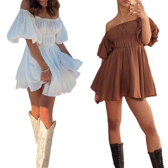 Musuos Women Casual Summer Dress Solid Color Elegant Short Puff Sleeve Off-shoulder Tunic Dress for Party