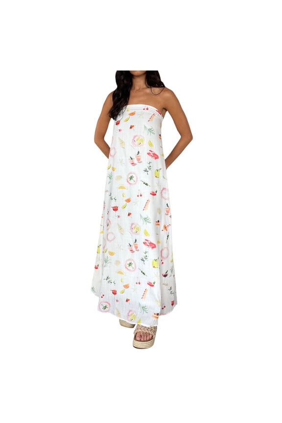 Women Casual Tube Dress, Strapless Backless Fruit Print Swing Dress Summer Loose Long Dress