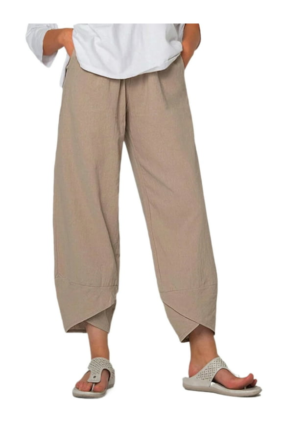 Women Casual Wide Leg Pants Cotton Linen Capri Cropped Baggy Pants e Trousers