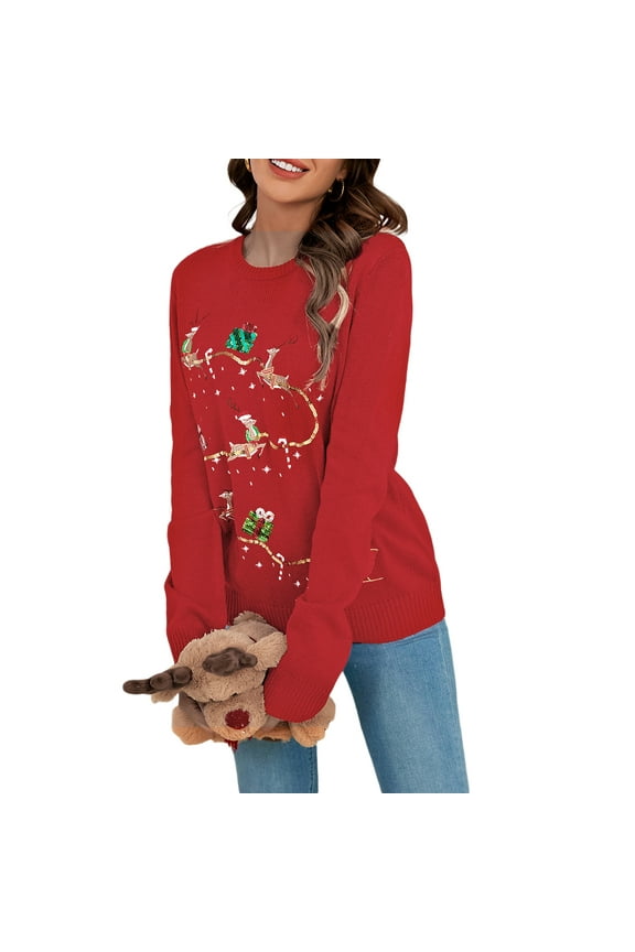 Women Christmas Sweater Casual Long Sleeve Round Neck Sequined Reindeer Knit Pullovers Fall Winter Sweater, S-XXL