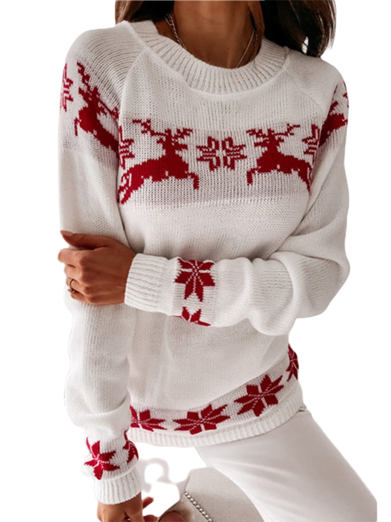 Women's Christmas Sweater Reindeer Xmas Snowflake Christmas Tree Patterns Knitted Sweater Long Sleeve Elk Letter Printed Pullover