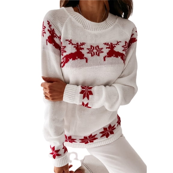 Musuos Women Christmas Sweaters  Long Sleeve Elk Snowflake Print Knit Tops