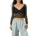 thumbnail image 1 of Musuos Women Crop Lace Tops See-Through Long Sleeve V Neck Basic Shirt Casual Pullover, 1 of 9
