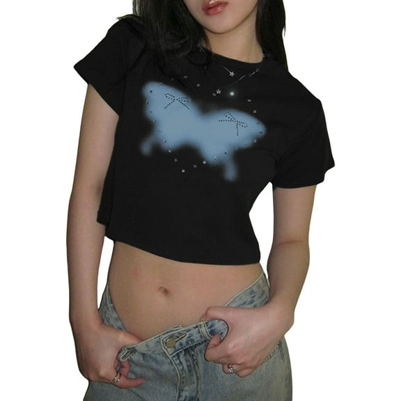 Musuos Women Crop T-Shirts Casual Rhinestone Print Summer Short Sleeve Basic Tops