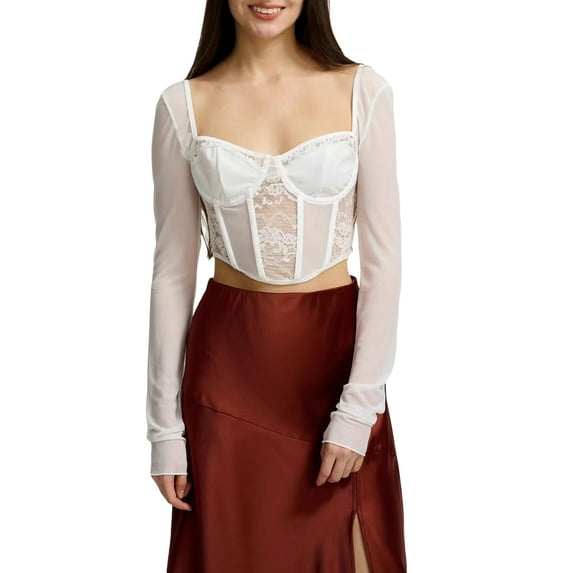 Musuos Women Crop Tops Lace Fishbone Sweetheart Neckline Long Sleeve T-Shirts Spring Fall Slim Fit Corset Tops Shirts