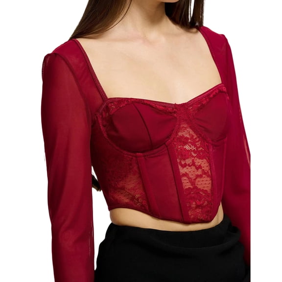 Musuos Women Crop Tops Lace Fishbone Sweetheart Neckline Long Sleeve T-Shirts Spring Fall Slim Fit Corset Tops Shirts