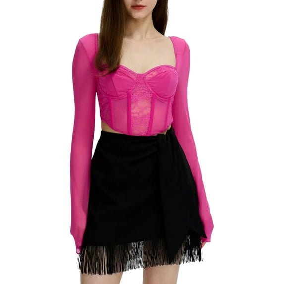 Musuos Women Crop Tops Lace Fishbone Sweetheart Neckline Long Sleeve T-Shirts Spring Fall Slim Fit Corset Tops Shirts