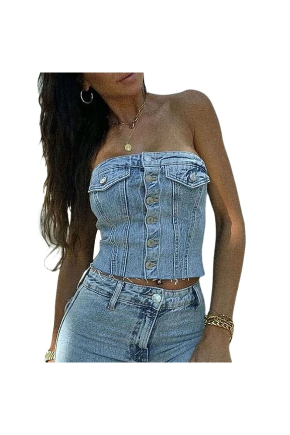 Women Denim Vest,  Casual Off Shoulder Buttons Fall Short Wrap Chest Tops Streetwear