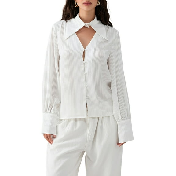 Musuos Women Elegant Long Sleeve Shirts Stripe Hollow-Out Turn-Down Collar Blouses Spring Fall Loose Casual Tops