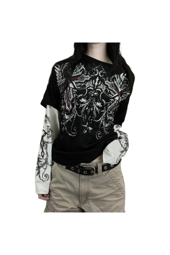 Women Fake Two-Piece T-Shirts Vintage Graphic Print Round Neck Long Sleeve Shirts Fashion Gothic Loose Casual Streetwear