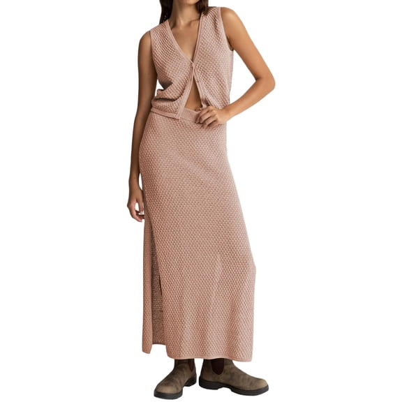 Musuos Women Fashion 2 Piece Knitted Outfits Waffle V-Neck Button Tank Tops and Elastic Split Skirt Set for Streetwear