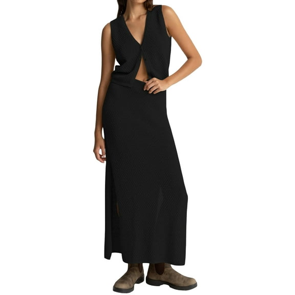 Musuos Women Fashion 2 Piece Knitted Outfits Waffle V-Neck Button Tank Tops and Elastic Split Skirt Set for Streetwear