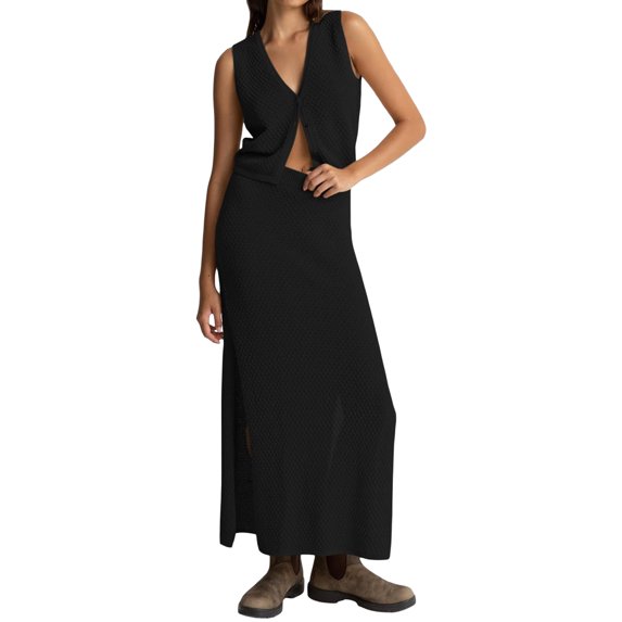 Musuos Women Fashion 2 Piece Knitted Outfits Waffle V-Neck Button Tank Tops and Elastic Split Skirt Set for Streetwear