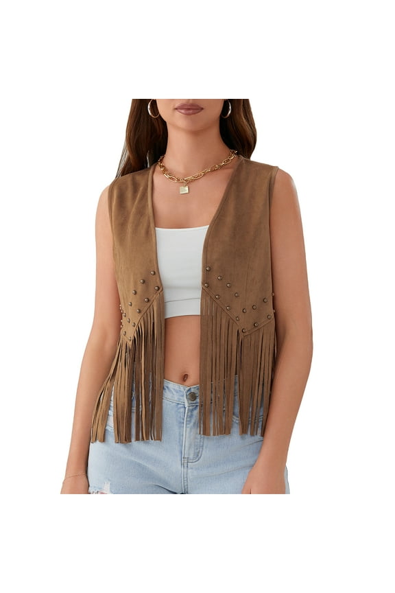 Women Fashion Retro Vest, Sleeveless Open Front Riveted Tasseled Outwear Gilet for Casual Street, S-XXL